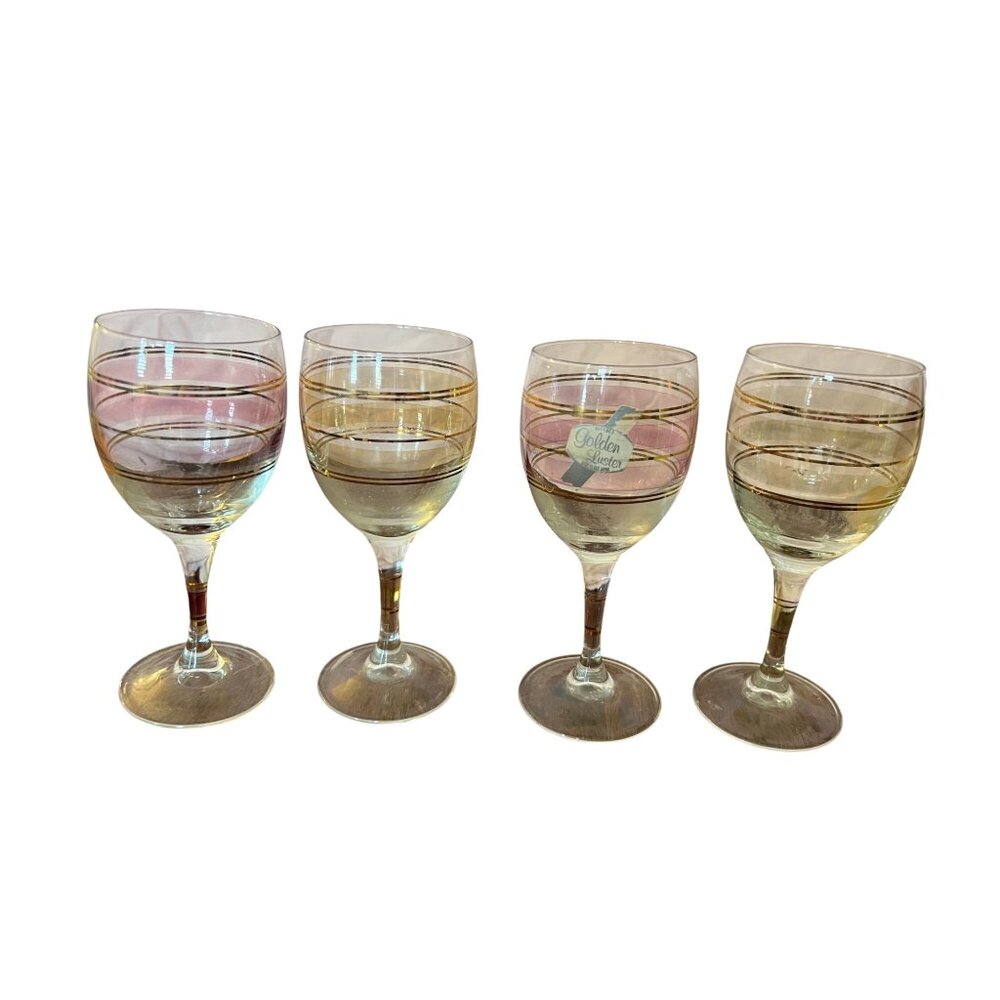 Handcrafted Kamei Japan Golden Luster Cordial Glasses Set Of 4 Gold Striped Irid